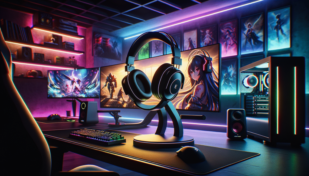 Support casque gaming moderne avec éclairage RGB dans un setup stylé.
