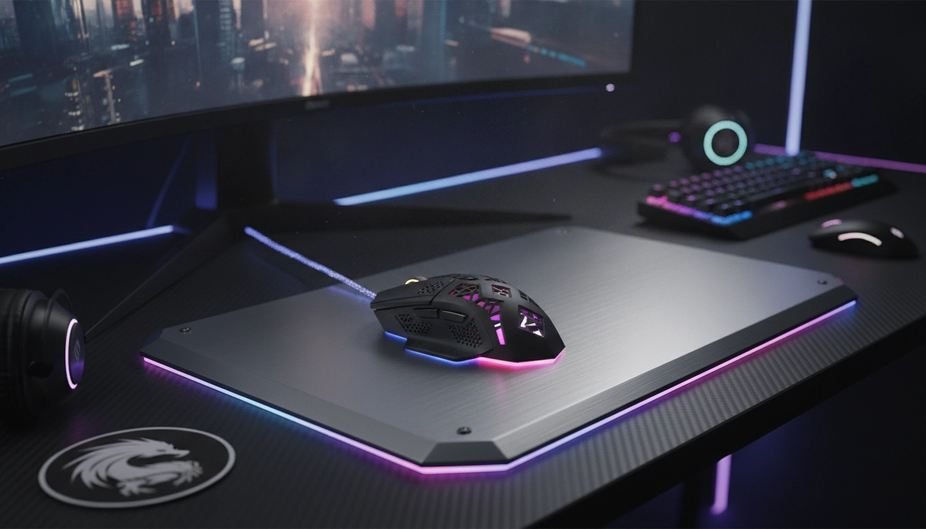 Un joueur de haut niveau utilisant un tapis gaming surface dure aluminium sensation jeu sur son bureau.