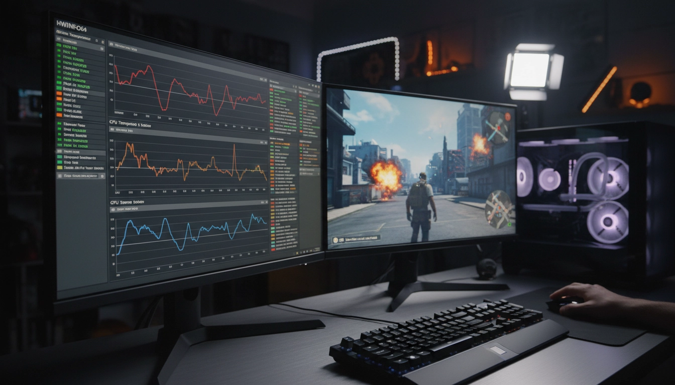 Interface de surveillance température PC avec HWiNFO64 montrant les capteurs CPU et GPU en temps réel sur un setup gaming