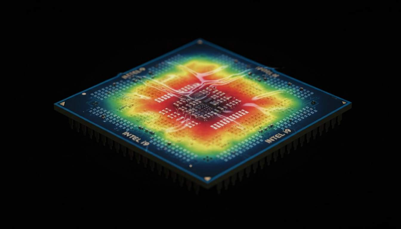 Visualisation thermique d'un processeur CPU en charge avec zones de chaleur critiques identifiées pour la surveillance température