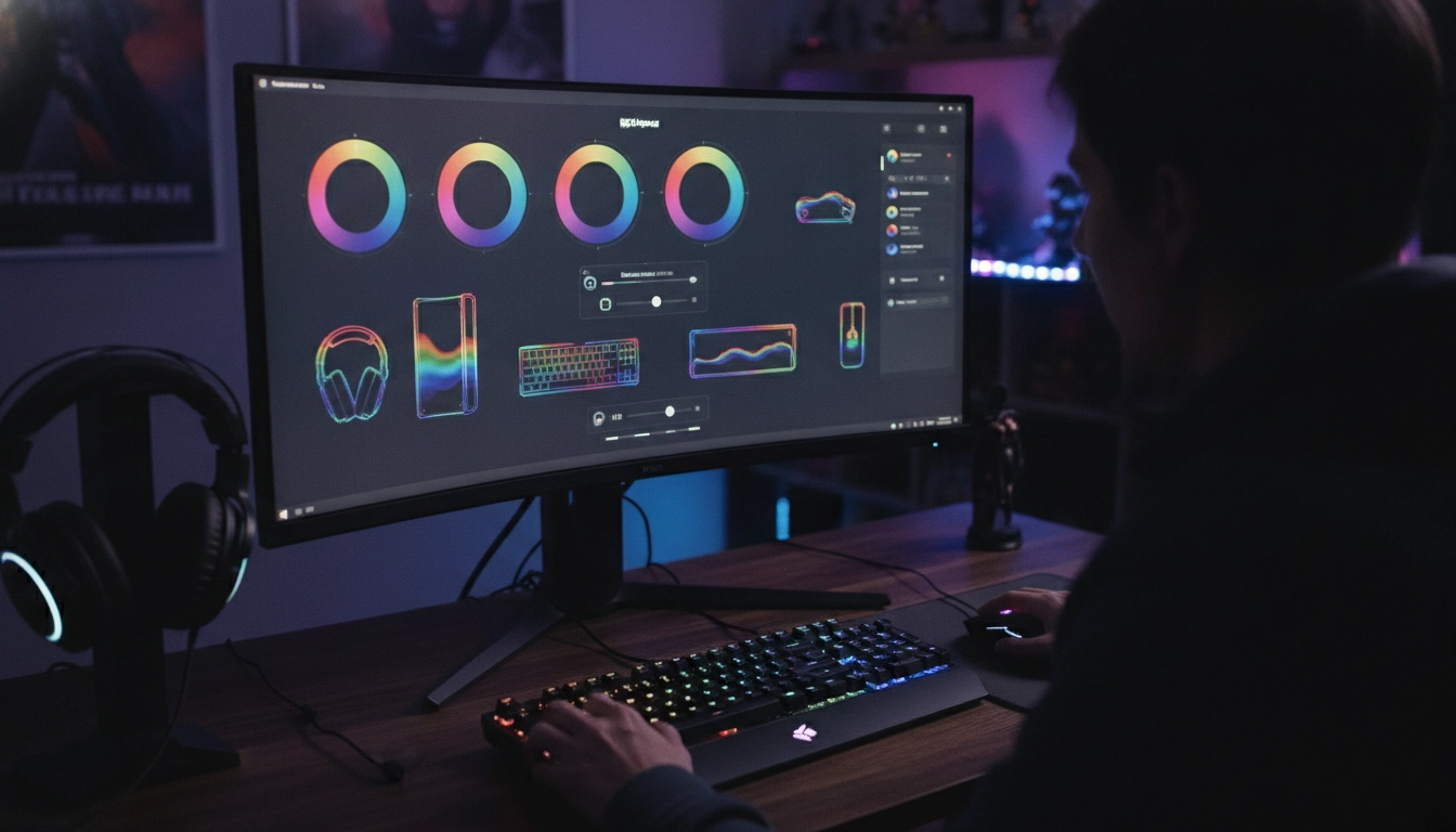 Interface d'un logiciel de gestion pour ajuster la réactivité et les couleurs des périphériques gaming.