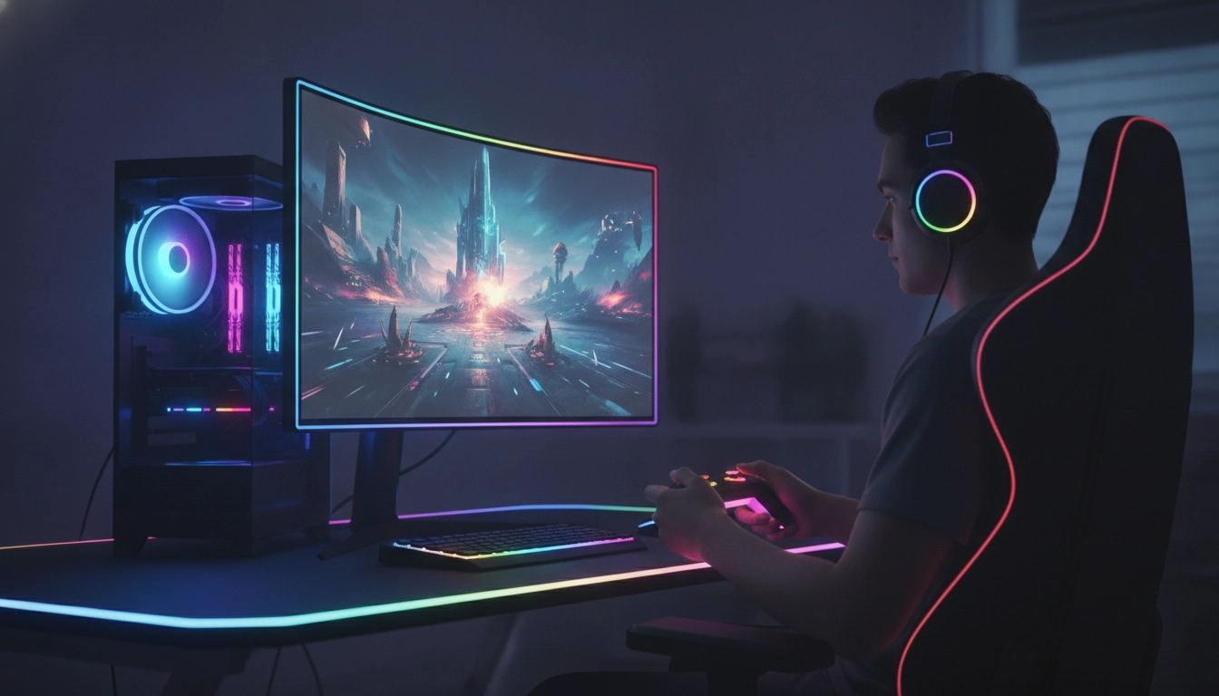 Un joueur ajustant les paramètres pour synchroniser l'éclairage de son setup gaming avec ses jeux vidéo.