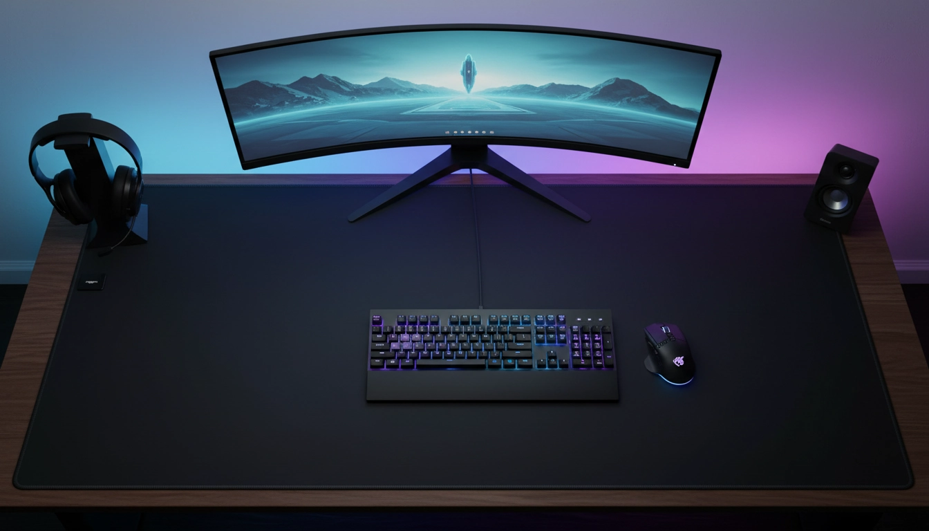 Vue de dessus d'un bureau gaming avec un tapis de souris XXL noir couvrant toute la surface