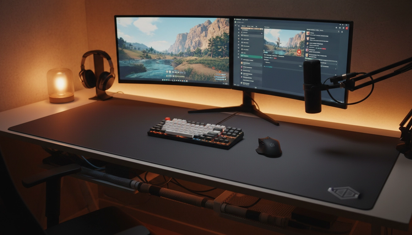 Setup streamer complet intégrant un tapis de souris XXL pour une esthétique cohérente et professionnelle
