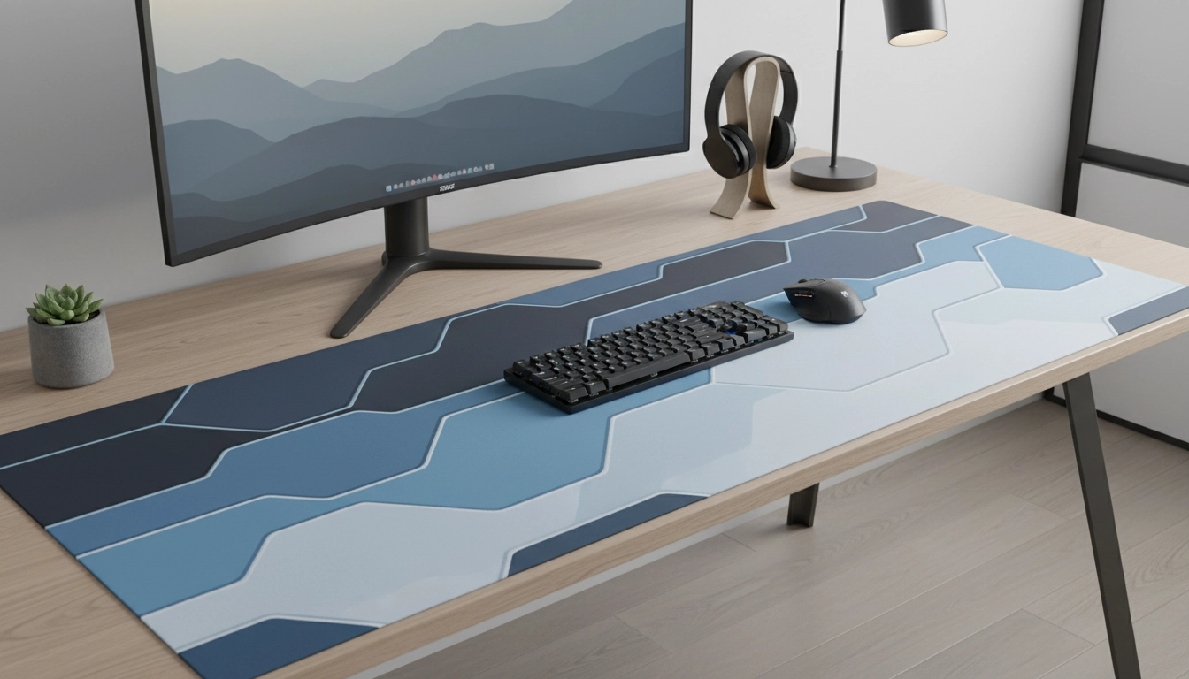 Grand tapis de souris XXL noir sur un bureau gaming bien organisé avec clavier et moniteur