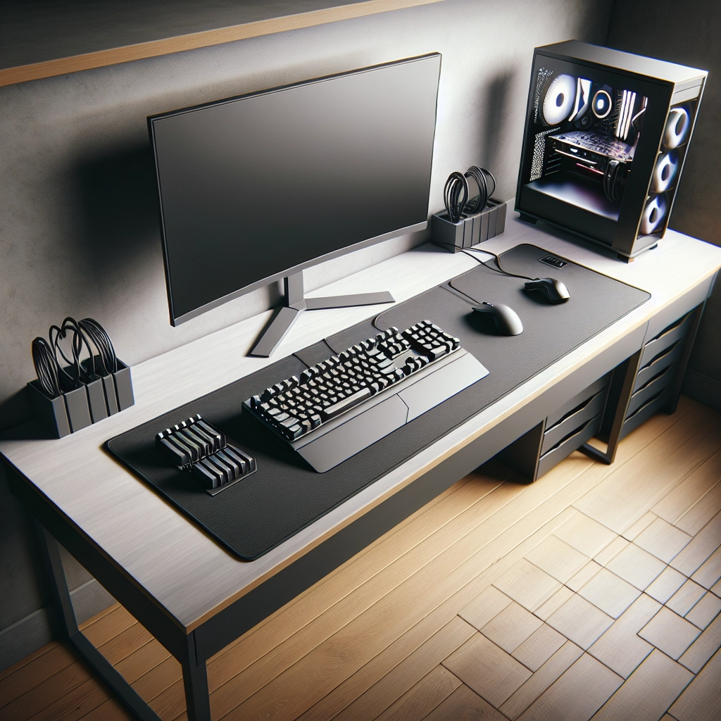 Desk setup avec tapis souris gaming XXL (deskmat) pour stabiliser clavier et souris