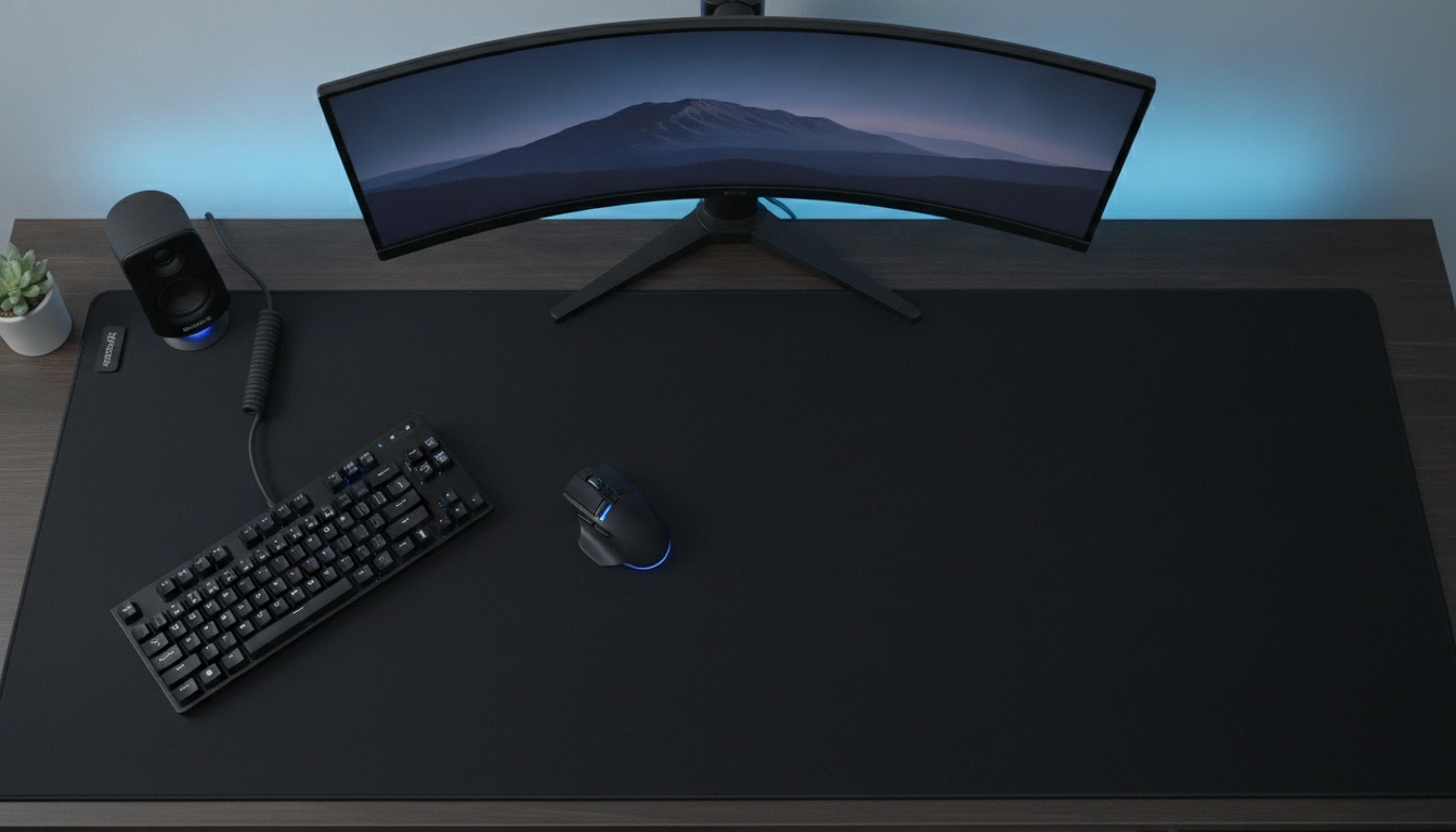 Setup gamer montrant le positionnement tapis souris XXL sensibilité souris basse DPI avec un clavier incliné.