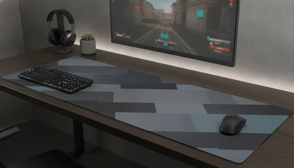 Illustration détaillée du positionnement tapis souris XXL sensibilité souris basse DPI sur un bureau gamer.