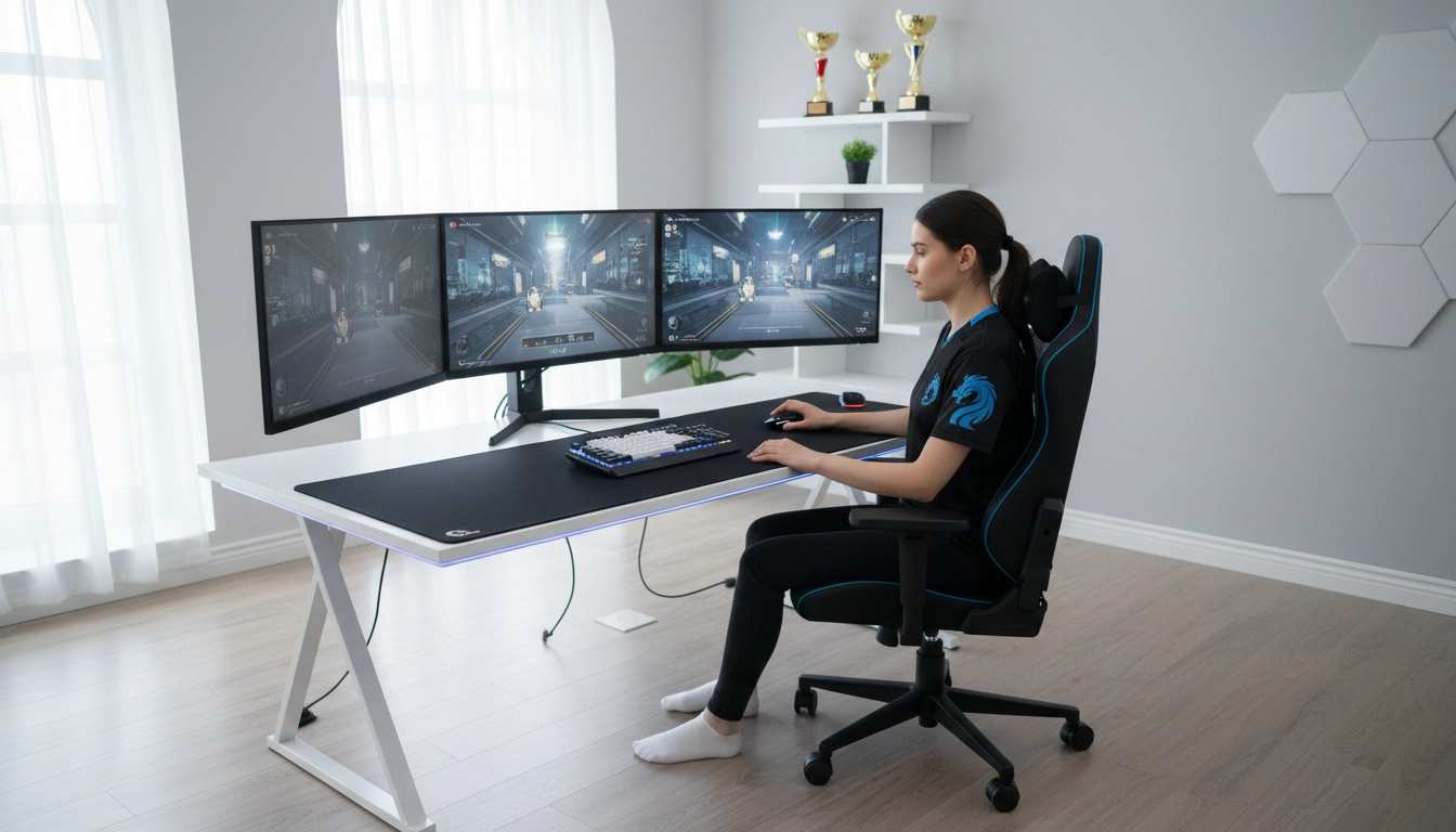 Joueur professionnel adoptant une posture ergonomique parfaite avec ses bras reposant sur un tapis de bureau géant