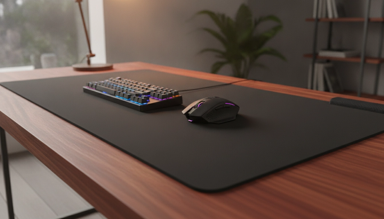 Gros plan montrant comment un tapis de souris xxl protège le bureau des rayures.
