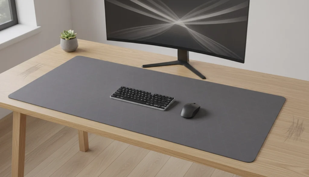Un grand tapis de souris xxl protège le bureau des rayures causées par le clavier et la souris.