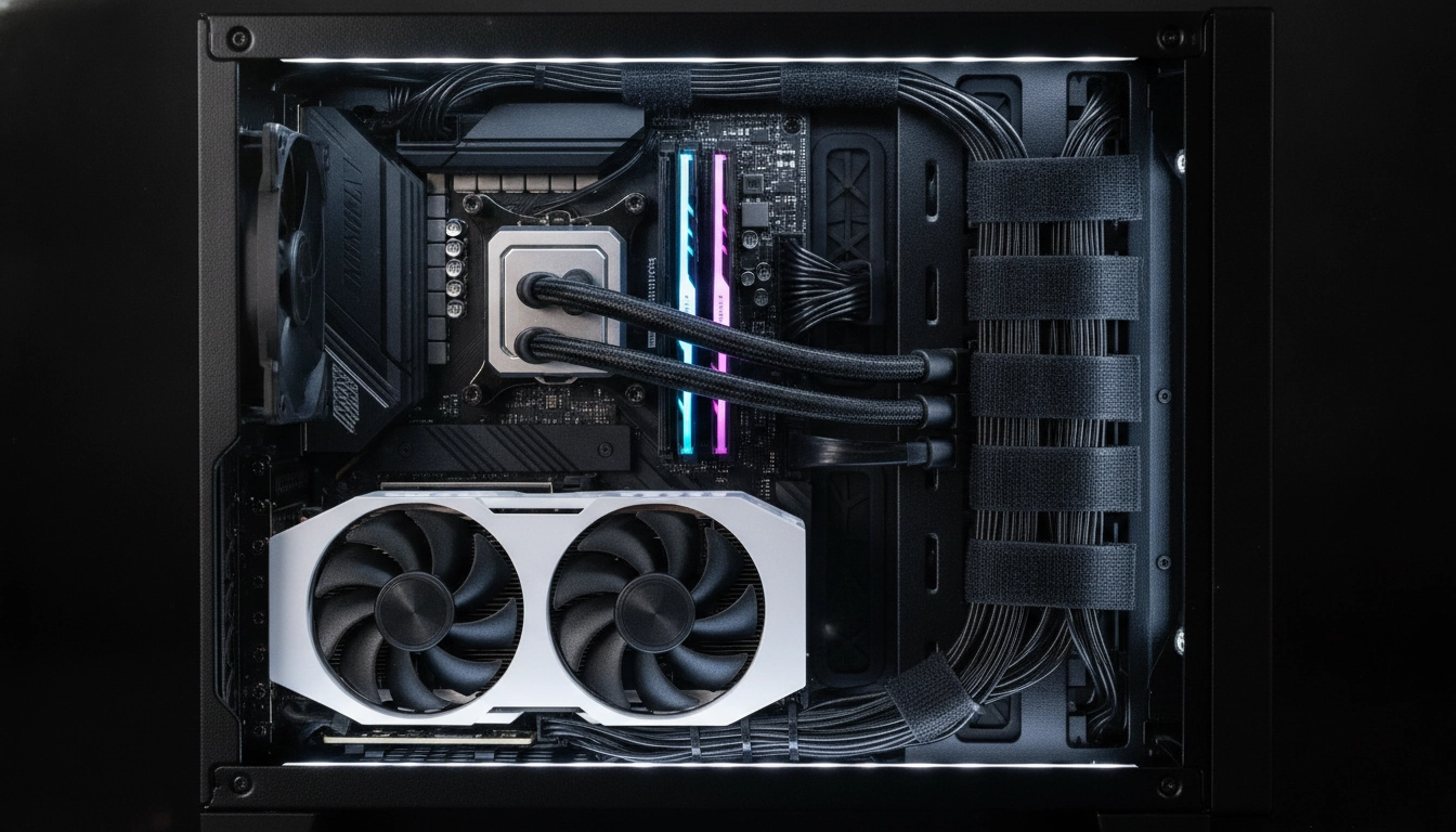 Exemple réussi de techniques gestion câbles pc mini-itx avec des attaches soignées.