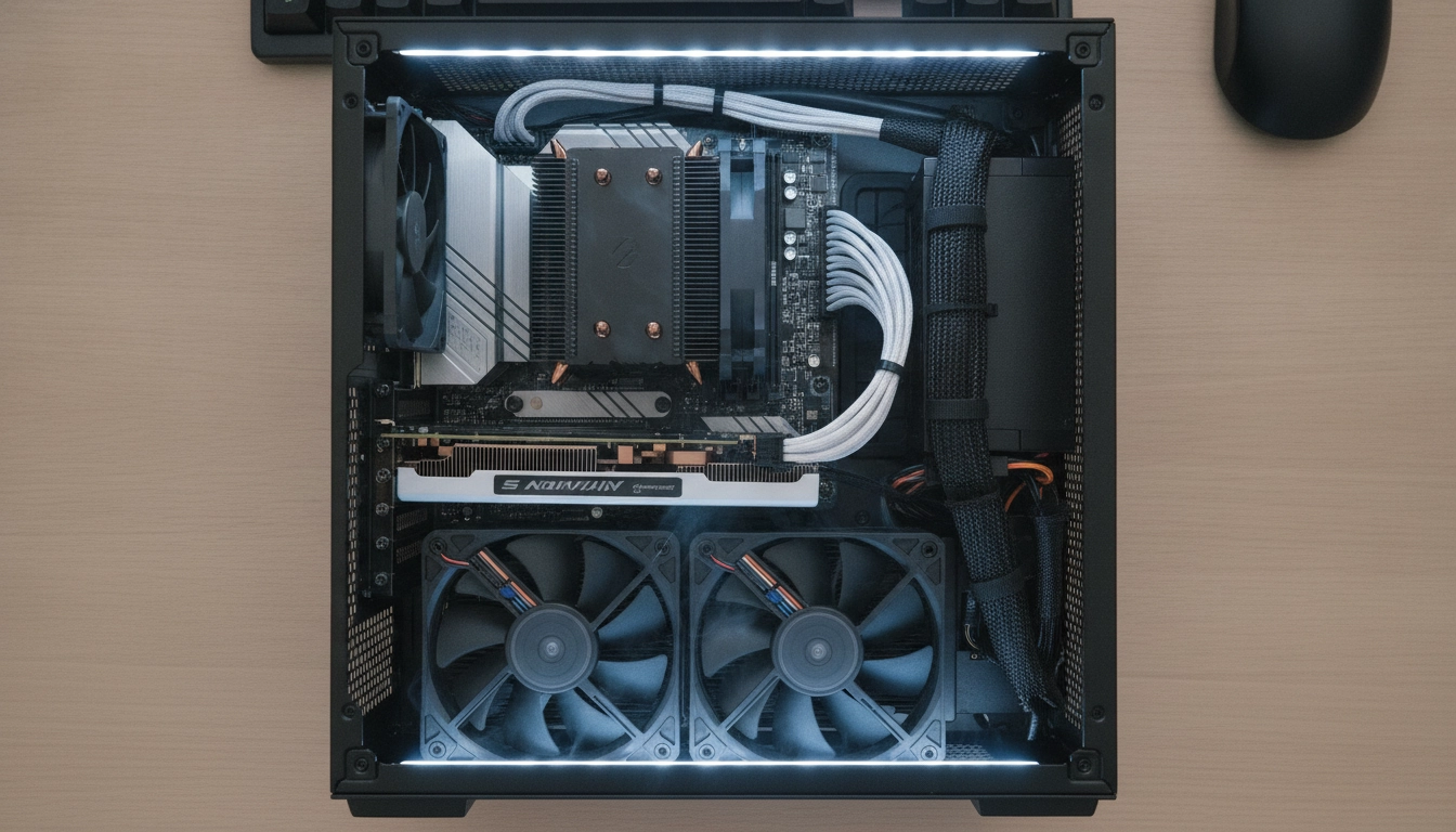 Vue plongeante sur un montage PC compact optimisé pour le flux d'air.