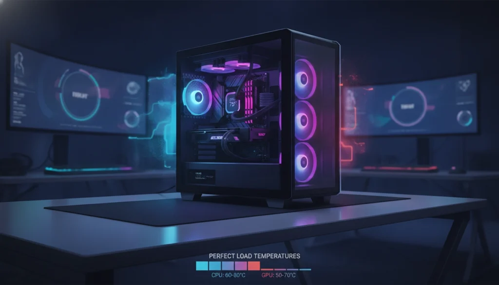 Gros plan sur un processeur et un système de refroidissement illustrant les températures idéales pc gaming pleine charge.