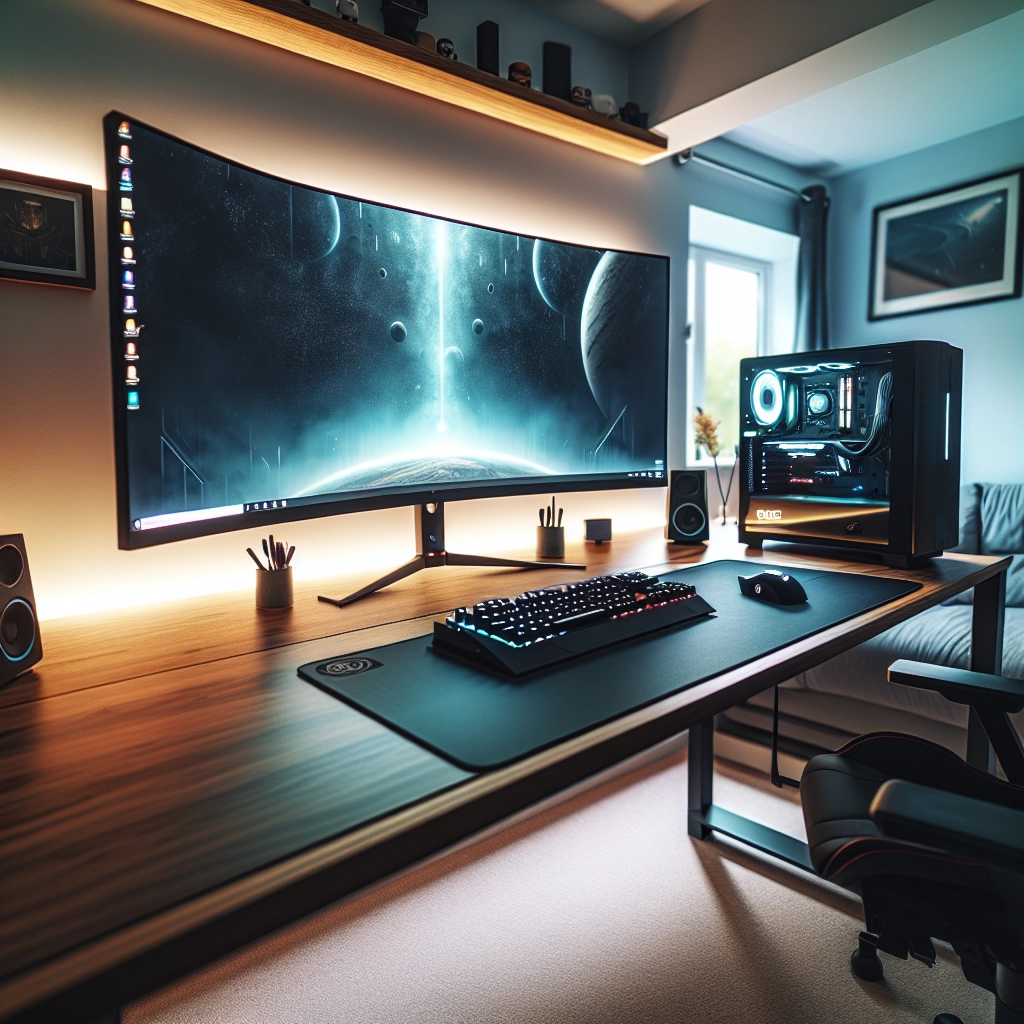Tendances du setup gaming : bureau moderne avec écran ultrawide et éclairage indirect