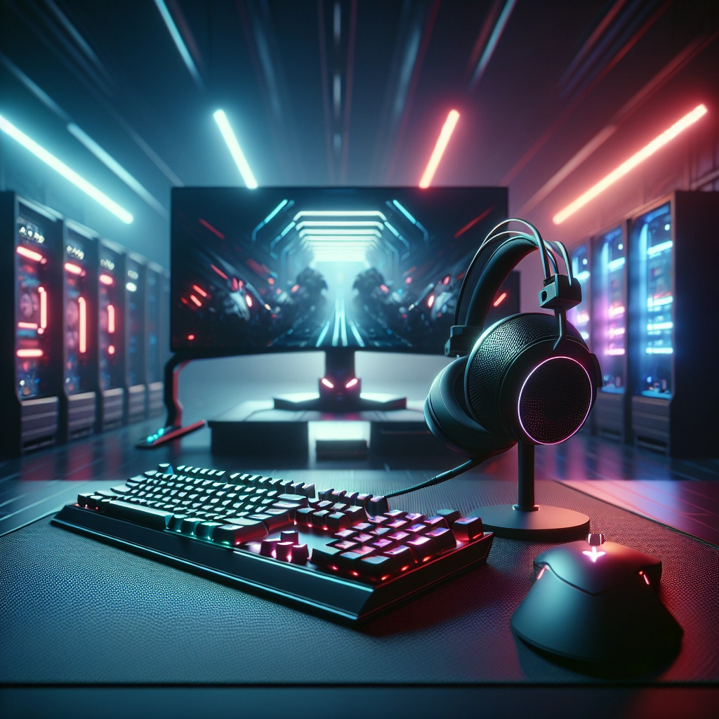 Setup futuriste illustrant les tendances futures périphériques gaming innovants : souris sans fil, clavier magnétique et casque gaming