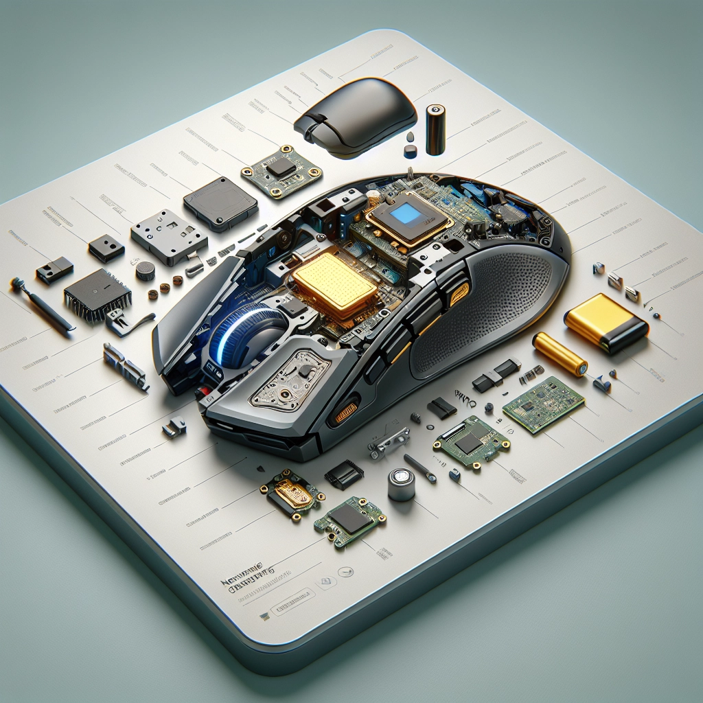 Schéma en vue éclatée d’une souris gaming innovante avec capteur de nouvelle génération et coque modulable