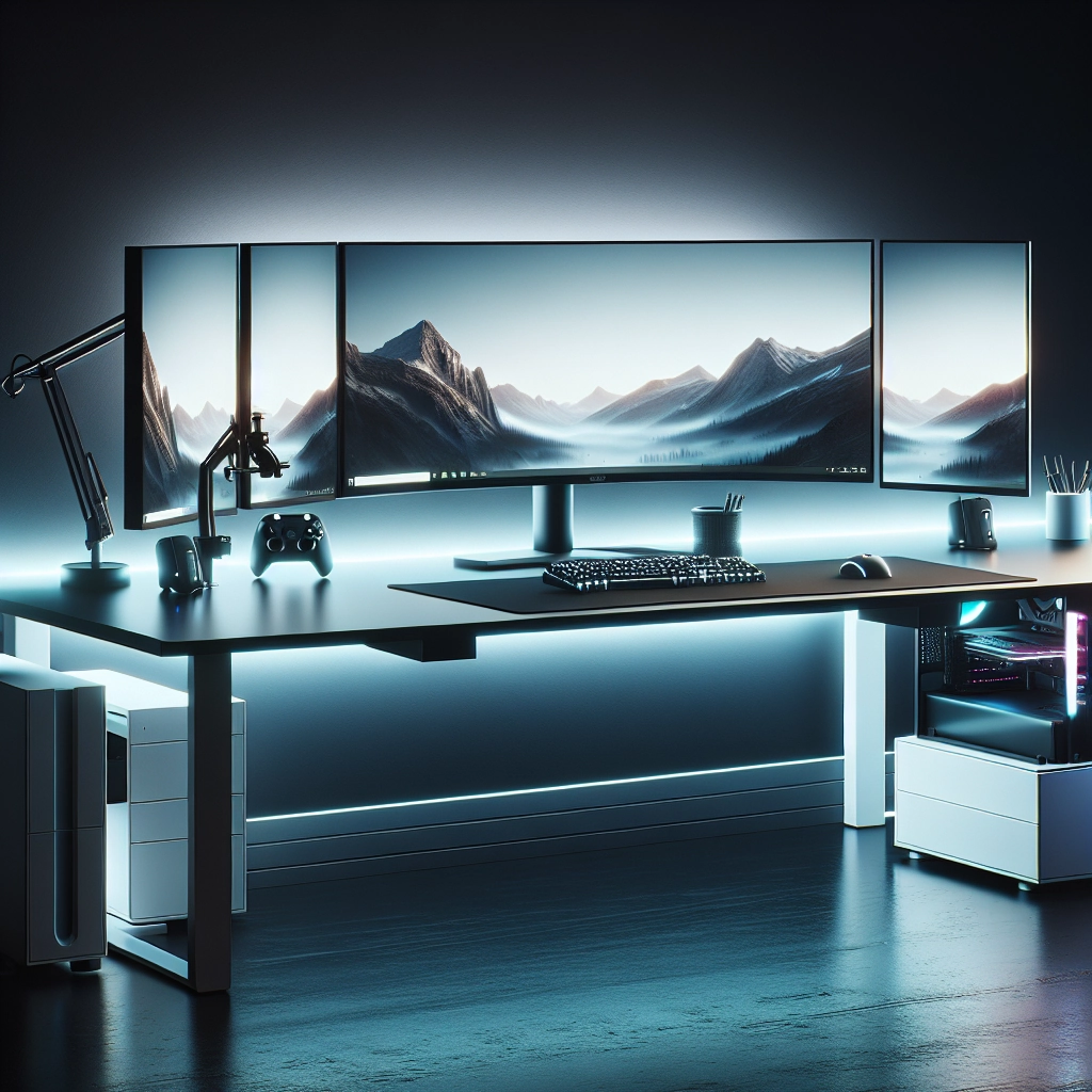 Exemple de tendances setup gaming : bureau clean avec double écran, bras articulés et éclairage ambiant