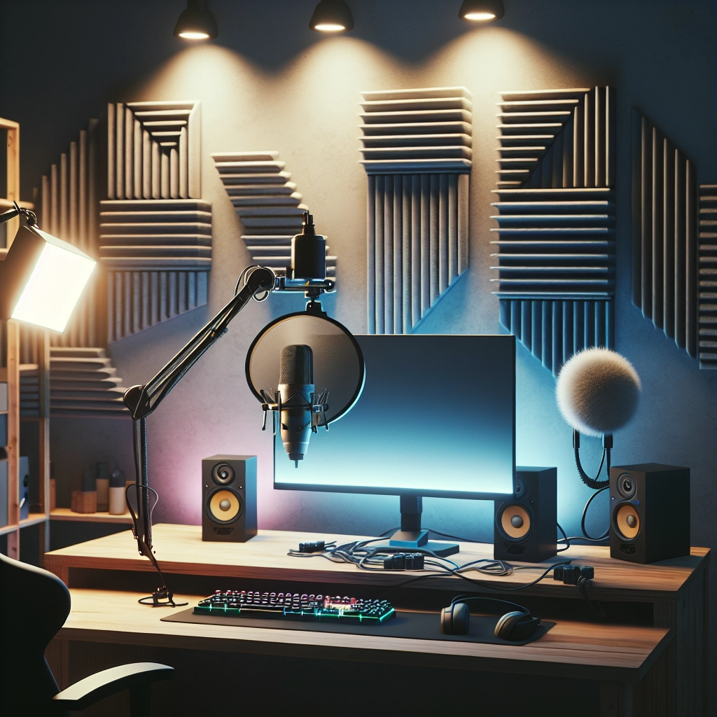 Coin streaming avec micro sur bras, éclairage visage et arrière-plan soigné