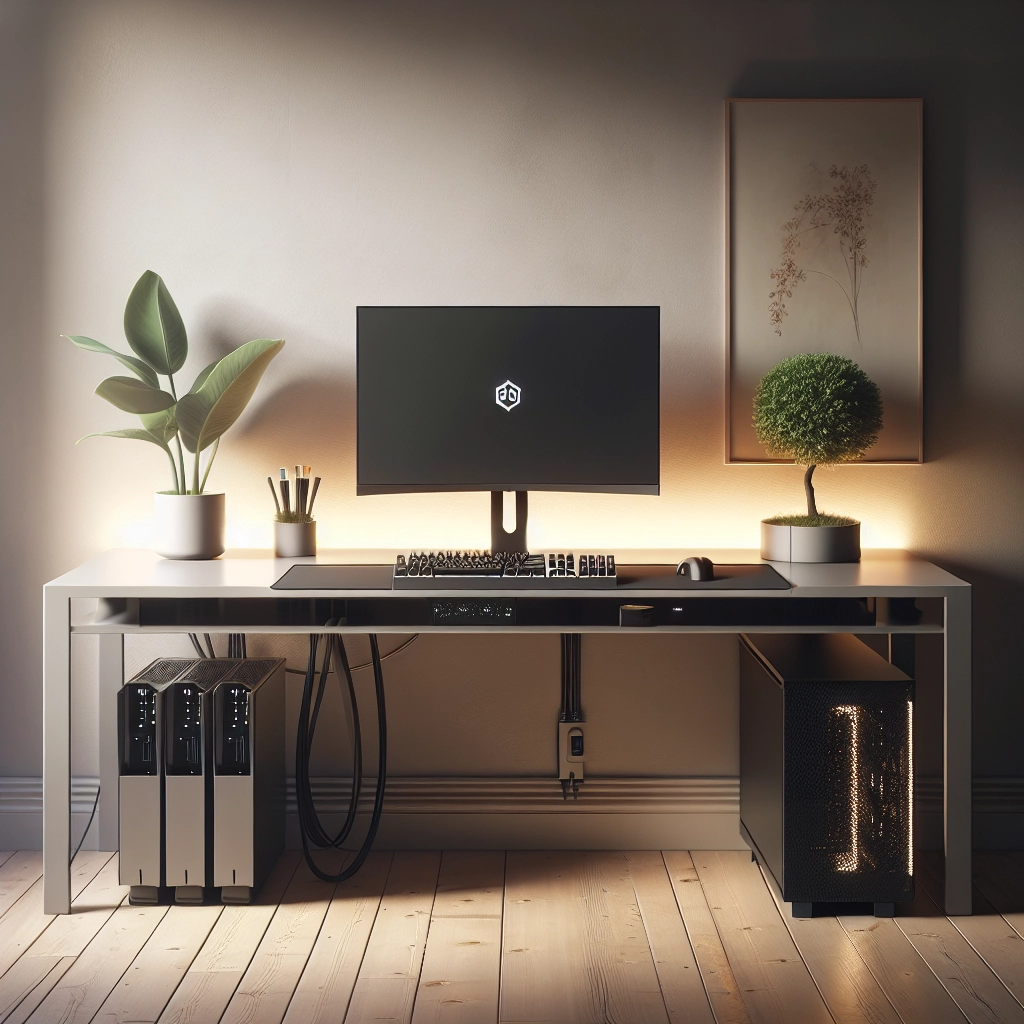 Setup gaming minimaliste et clean desk avec gestion des câbles et déco sobre