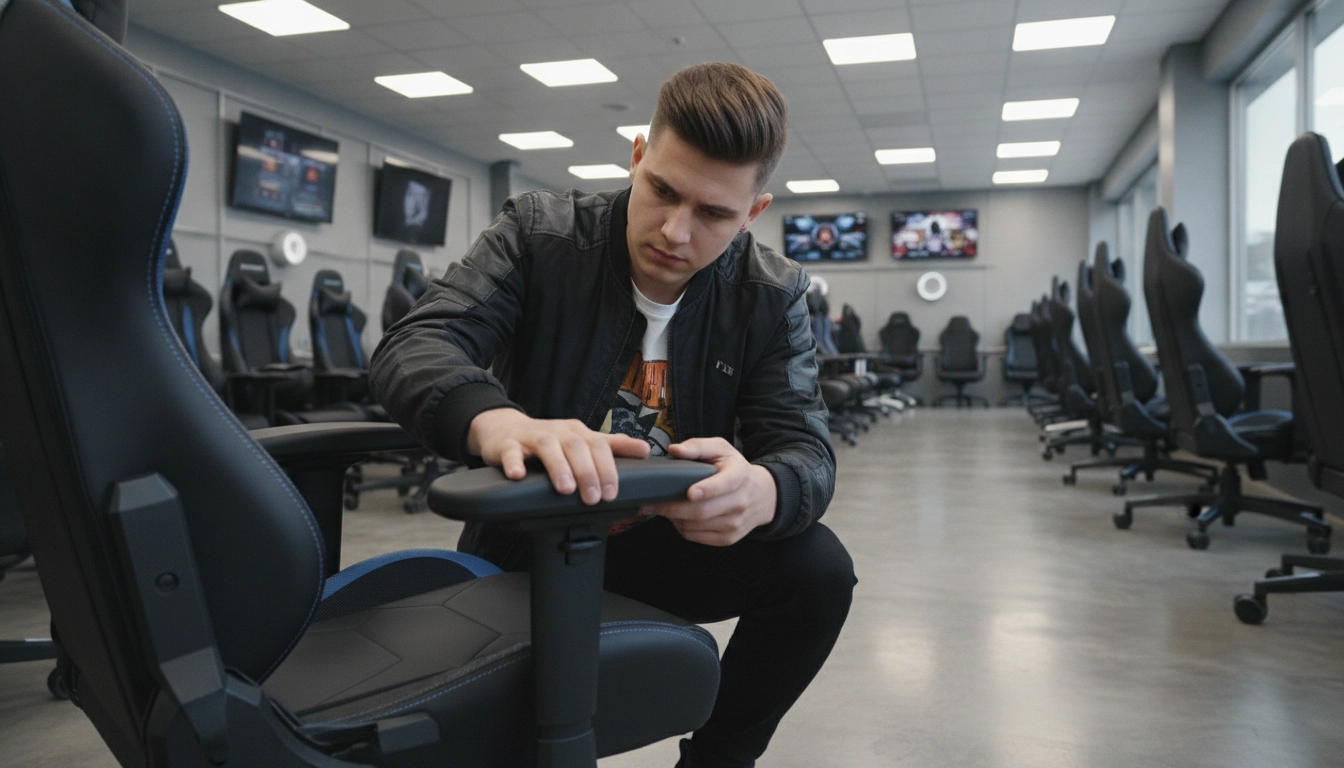 Un joueur en train de tester siège gaming avant achat dans un magasin spécialisé.