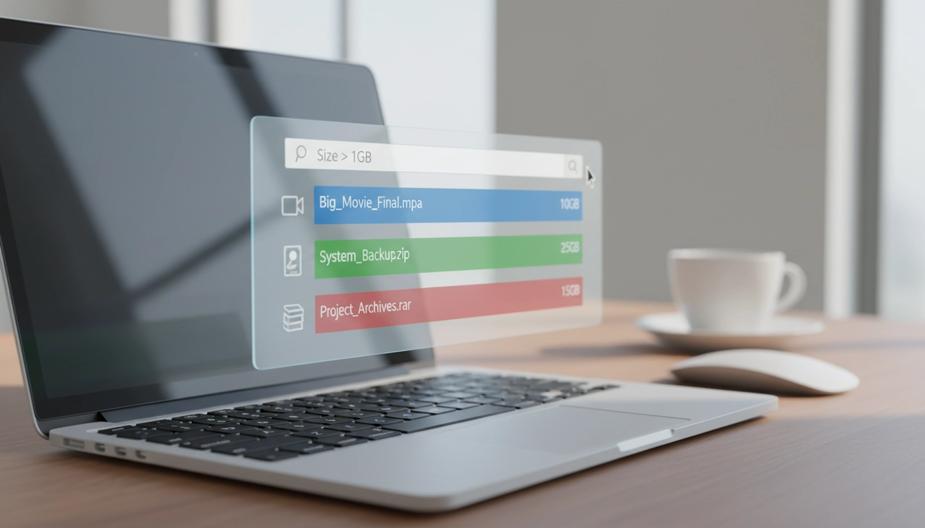 Interface de l'explorateur Windows montrant une recherche de fichiers lourds.