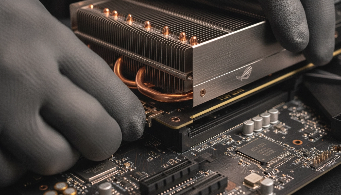 Manipulation minutieuse d'une carte graphique à l'intérieur d'un boîtier PC gaming.