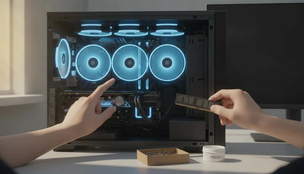 Un utilisateur vérifiant les composants internes pour résoudre le problème où les ventilateurs tournent mais pas de signal au premier démarrage PC.