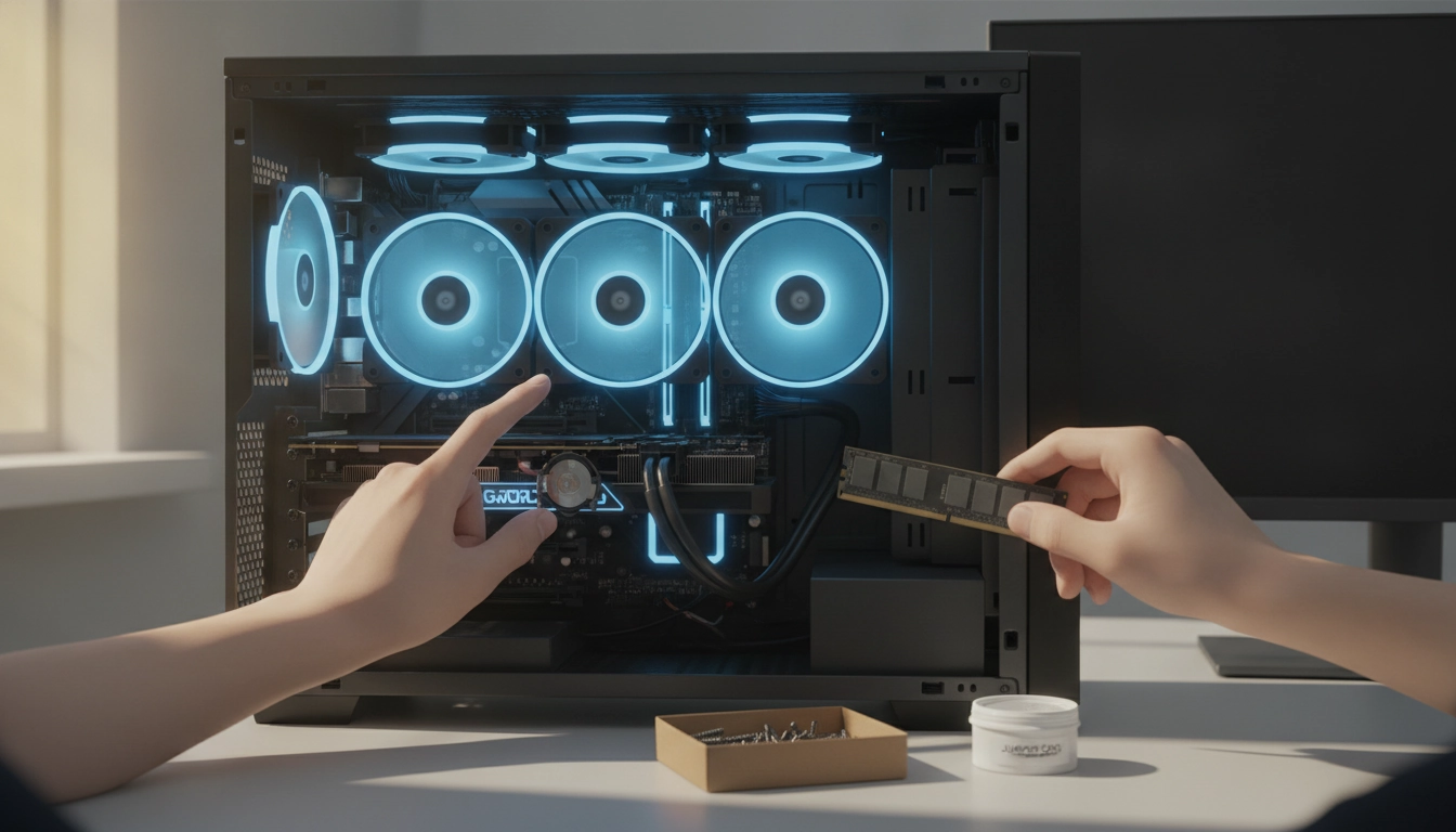 Un utilisateur vérifiant les composants internes pour résoudre le problème où les ventilateurs tournent mais pas de signal au premier démarrage PC.