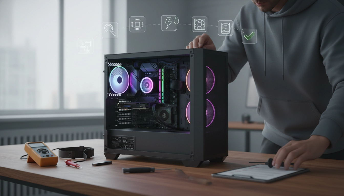 Vue interne d'un boîtier d'ordinateur ouvert lors des vérifications avant premier démarrage pc gaming.