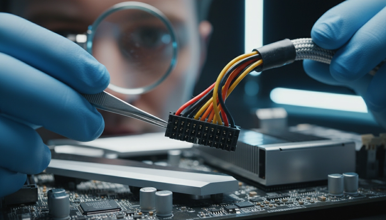 Un technicien informatique en train de vérifier connexions carte mère cpu après installation dans un boîtier PC.