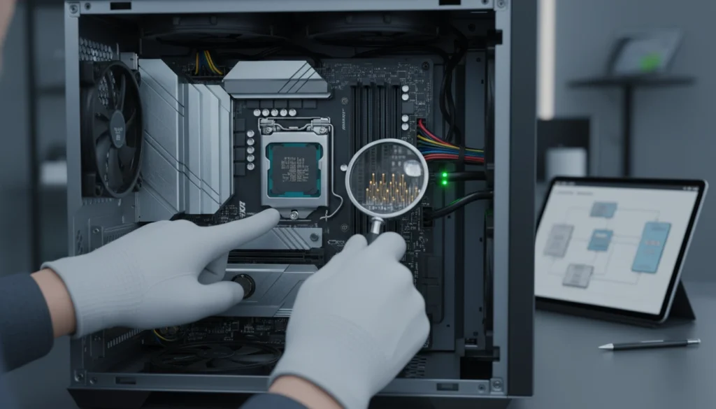 Un technicien informatique en train de vérifier connexions carte mère cpu après installation dans un boîtier PC.