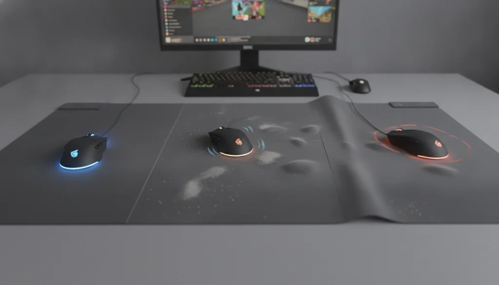 Gros plan détaillé sur l'usure des fibres d'un tapis de souris gaming noir