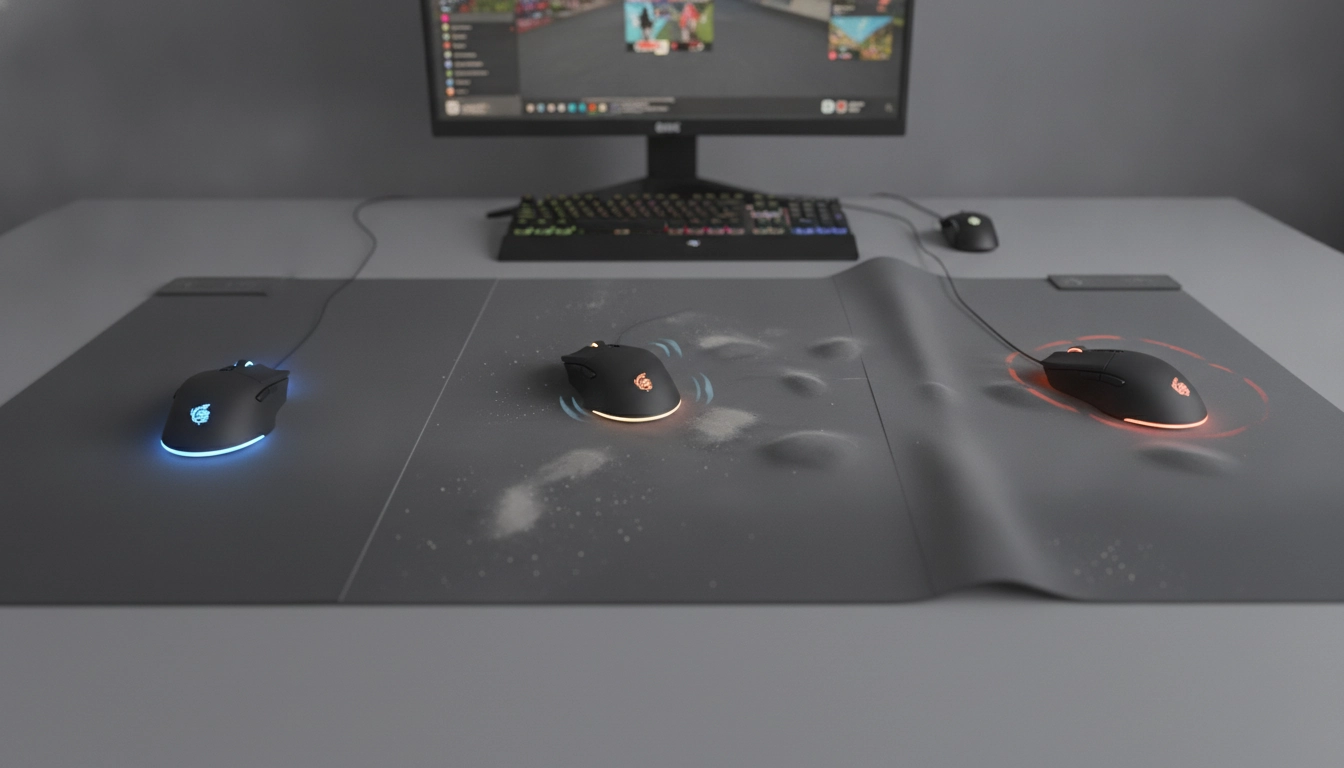 Gros plan détaillé sur l'usure des fibres d'un tapis de souris gaming noir